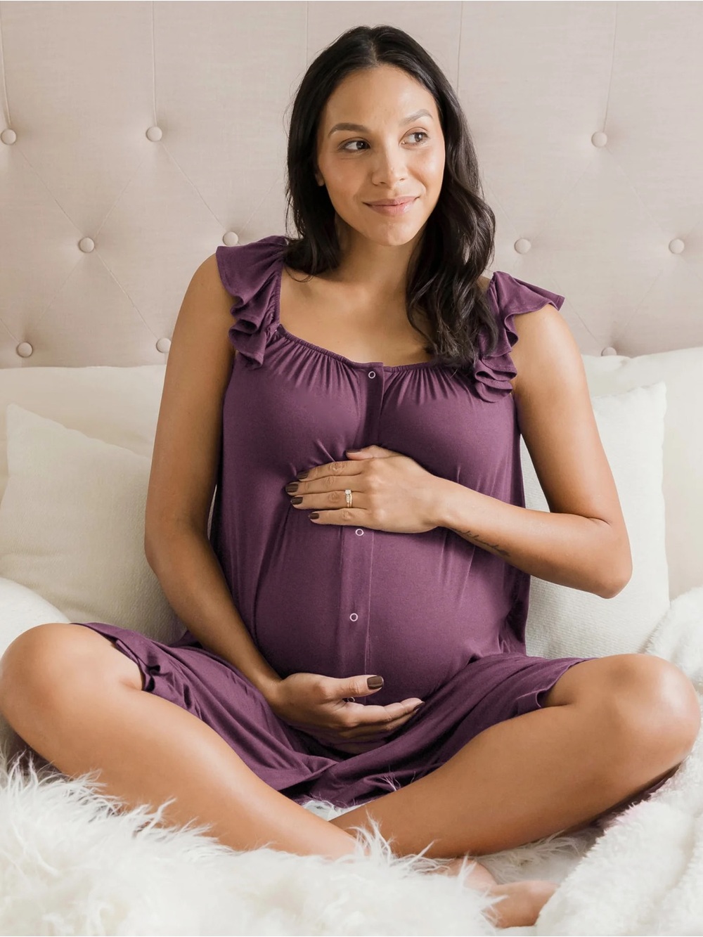 Kindred Bravely Ruffle Strap Labor & Delivery Gown in Burgundy Plum